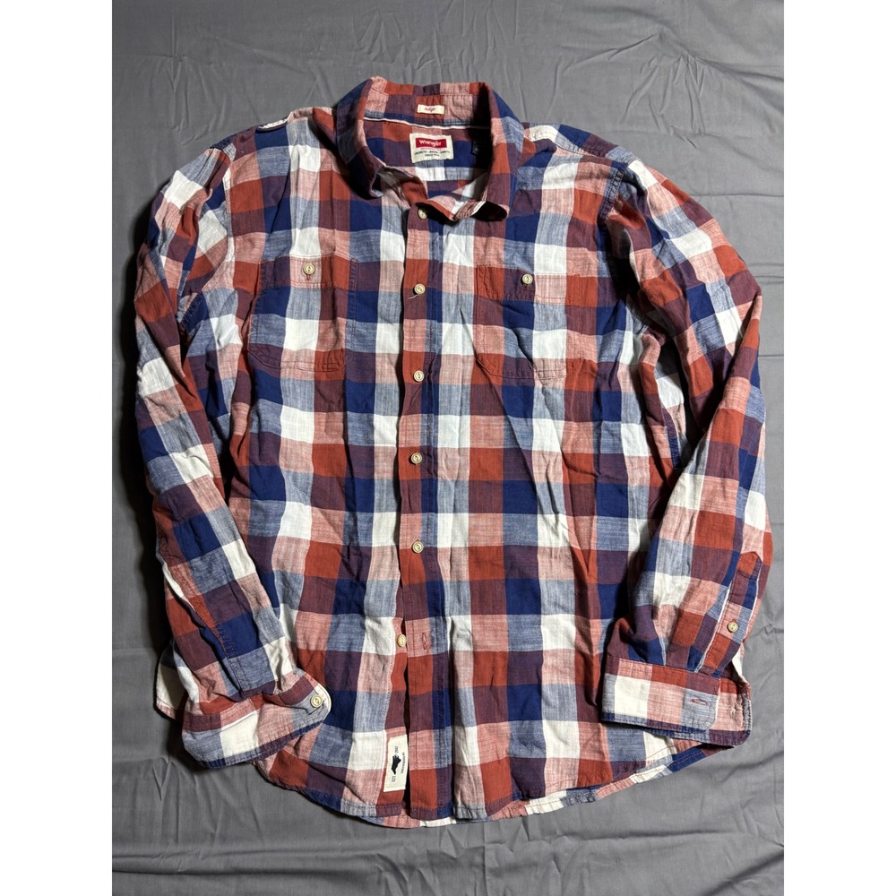 Wrangler Button Down Mens Large Red Blue Plaid Good Indigo Linen Blend Shirt